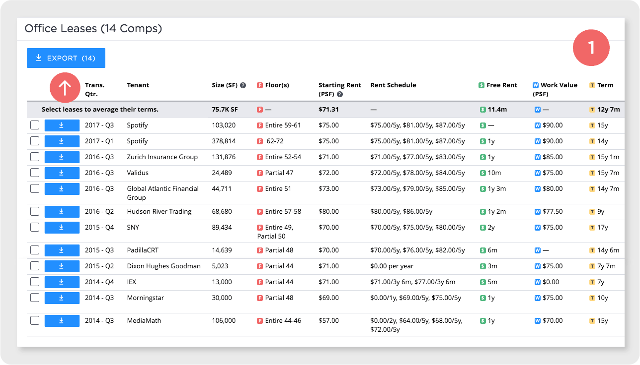 How do I export lease and sales comps from the property report